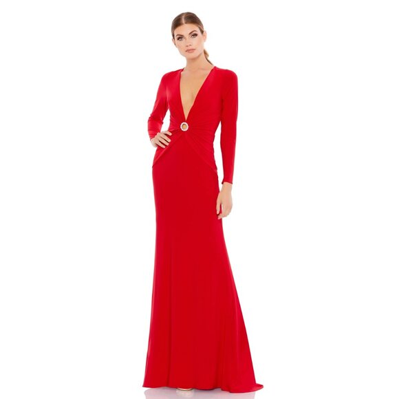NWT Mac Duggal Gathered Pearl Long Sleeve Keyhole Gown Red 8 #A0315 - Picture 1 of 10
